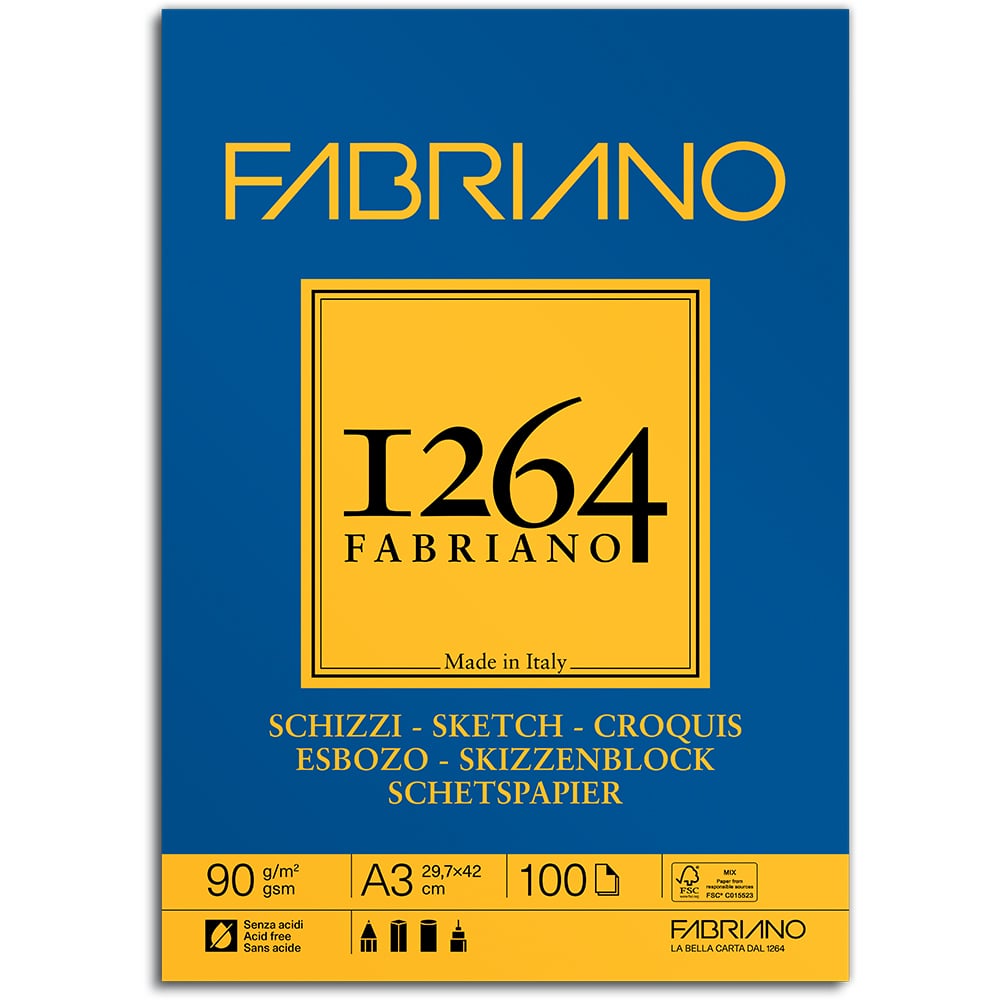 Fabriano 1264 Skisseblokk Limt A3 90g 100ark