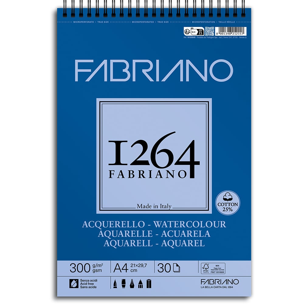 Fabriano 1264 Akvarellblokk Spiral A4 300g 30ark