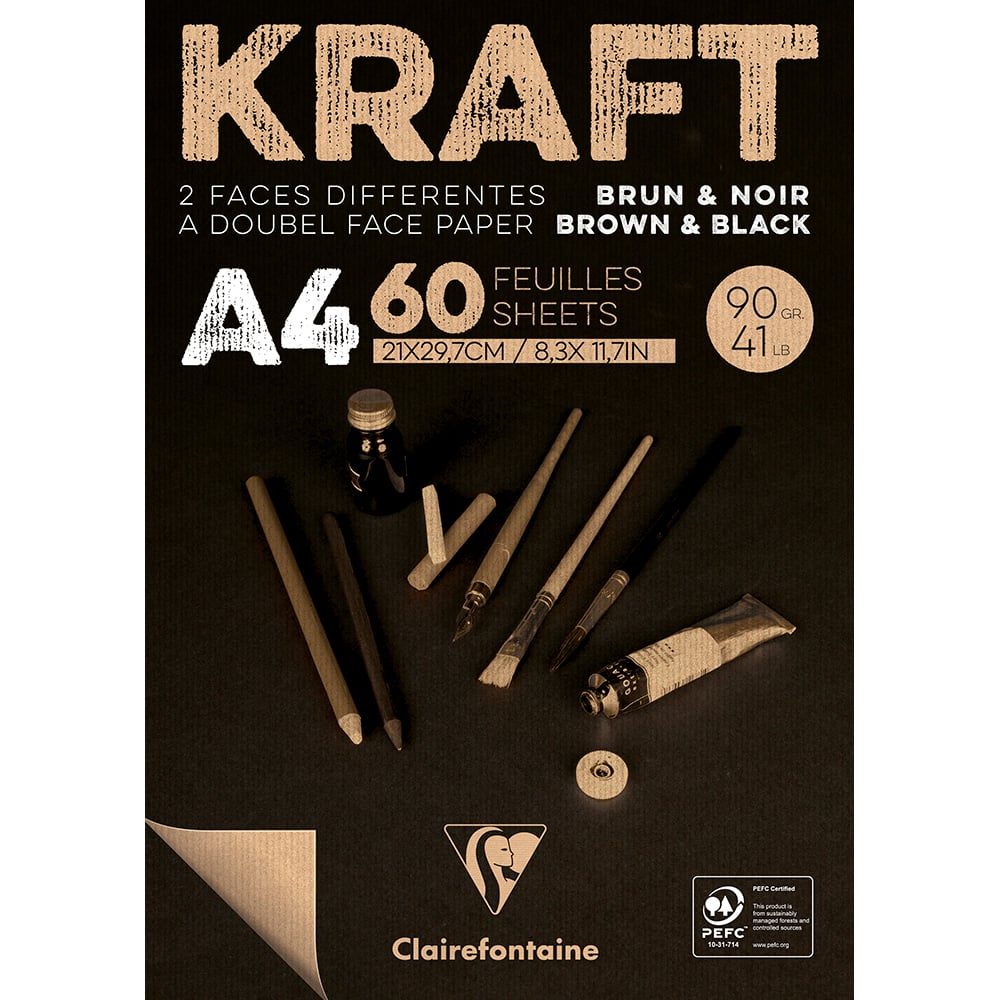 Clairefontaine Kraft Tegneblokk Brun og Svart A4 90g 60ark